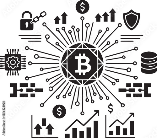 Bitcoin's Digital Network: A visual representation of bitcoin at the heart of the digital finance, connected to security, data, and value. This symbol shows growth of crypto currencies 
