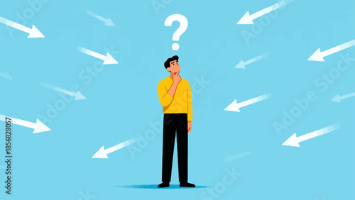 Man with question mark surrounded by arrows