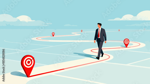 Businessman walking on path with targets