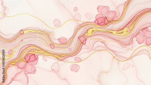 Beautiful pink and gold marbled background with cherry blossoms and wavy lines in a soft elegant design