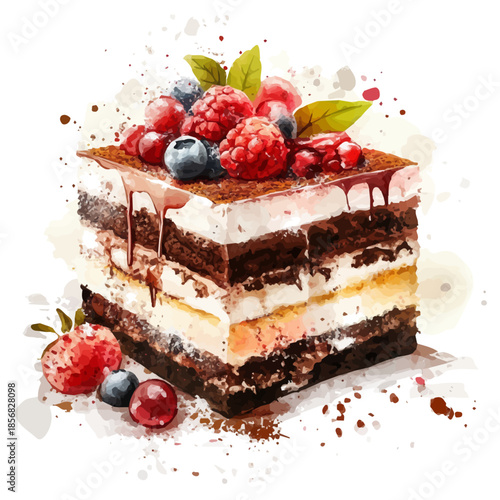 Tiramisu Cake, semi-realistic fantasy watercolor illustration, magical accents, isolated on white background