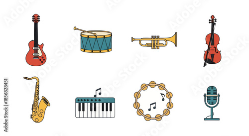 Collection of musical instruments illustrations on white background