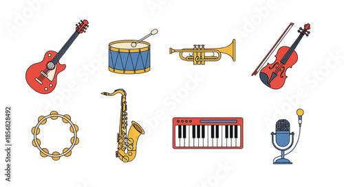 Collection of musical instruments isolated on white background flat design