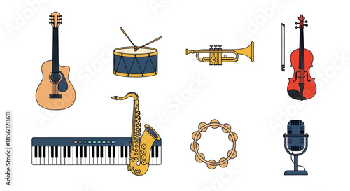 Collection of musical instruments vector illustrations on white background