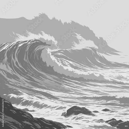 Dramatic grayscale illustration depicts powerful ocean waves crashing against rocky shores showcasing the raw energy of nature s force