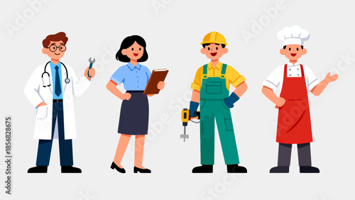Four cartoon professionals in different occupations