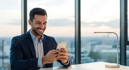 Smiling businessman using a smartphone near a window.