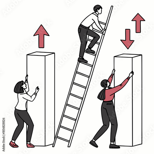 Teamwork illustration depicting people assisting each other using a ladder to overcome obstacles and achieve shared goals