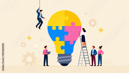 People assembling puzzle light bulb