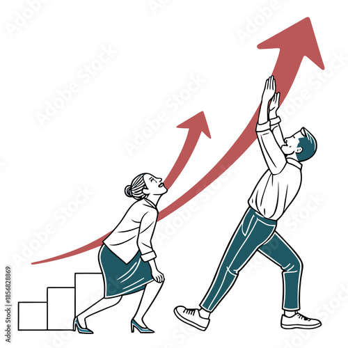Business professionals striving for growth and success reaching upwards with a strong upward trending arrow illustration