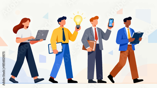 Four people in work attire with devices