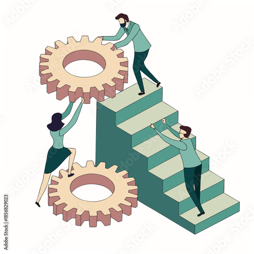 Collaborative teamwork depicted with professionals maneuvering large gears up a set of ascending stairs illustrating progress and synergy