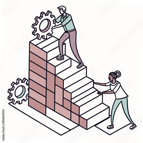 Two individuals collaborate to move gears upwards through a brick staircase symbolizing teamwork and progress high quality