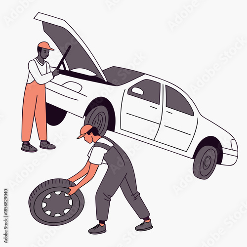 Two mechanics are inspecting and repairing a vehicle one working on the engine and the other changing a tire