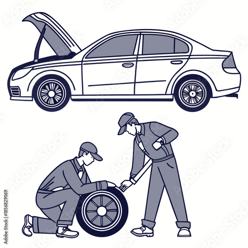 A detailed illustration depicts a car with an open hood and a mechanic repairing a tire nearby