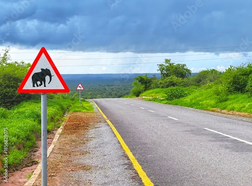 Caution sign for potential Elephant crossing on a rural road in Zimbabwe. 