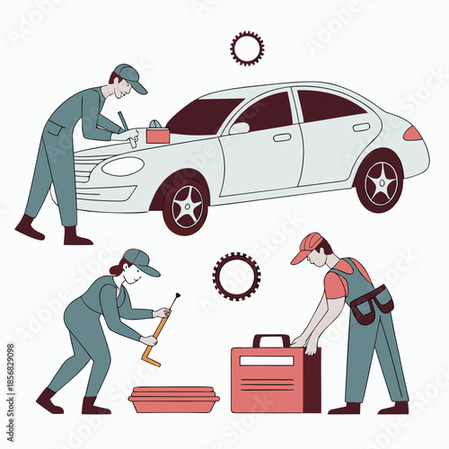 Automotive technicians diligently repairing a vehicle focusing on engine maintenance and tire upkeep shown in a stylized illustration
