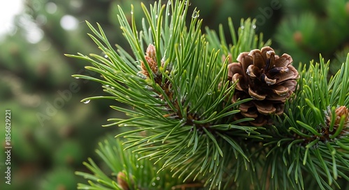Close-up of a pine branch with a cone, showcasing natures beauty.