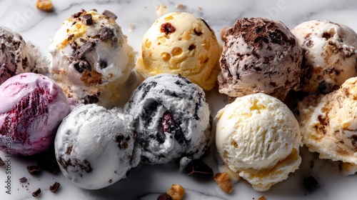 Various colorful scoops of ice cream are beautifully arranged on a white tabletop. The scene captures a delightful dessert experience that invites enjoyment and satisfaction