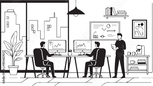 Inside the Workspace: A scene that displays the dynamic atmosphere of an modern office with focus on team collaboration and analytical precision. The environment exudes professionalism, collaboration.