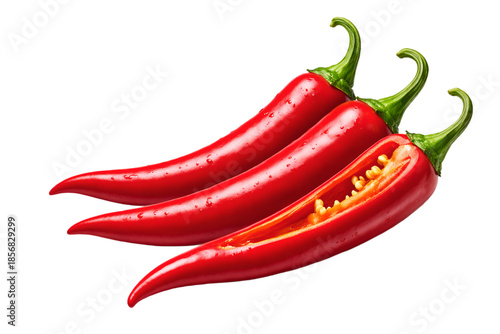 Red Chili Peppers, One Cut Open Showing Seeds, Isolated on Transparent Background
