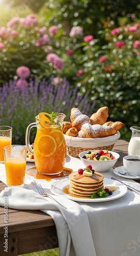 Breakfast Table Outdoors with Food and Drinks.