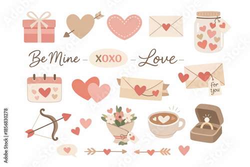 Minimalistic Flat Vector Icons for Valentine’s Day with Hearts and Gift Envelopes