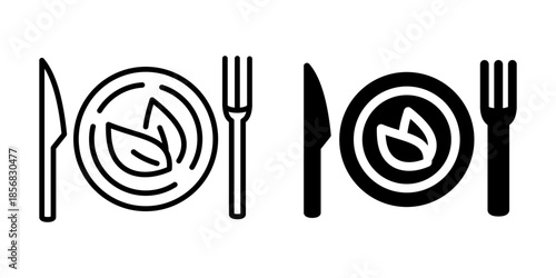 Healthy food icon with plate and leaf. Silhouette and line style.