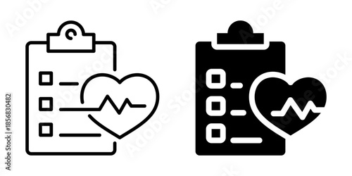 Medical checklist icon with heart monitor. Silhouette and line style.