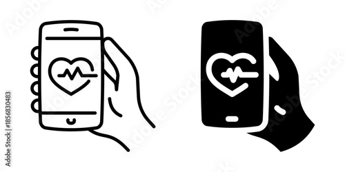 Mobile health app icon with heartbeat. Silhouette and line style.