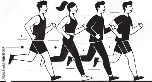 Energetic Runners: A monochrome illustration captures the dynamic stride of athletes in motion, their silhouettes emphasizing speed and dedication.