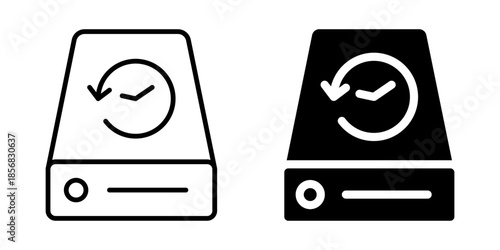 Hard drive with backup and sync icon. Silhouette and line style.