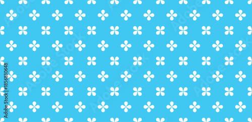 Seamless floral pattern with small white flower shapes on light blue background, flat vector illustration for repeating decorative surface design, wallpaper, textile, wrapping paper