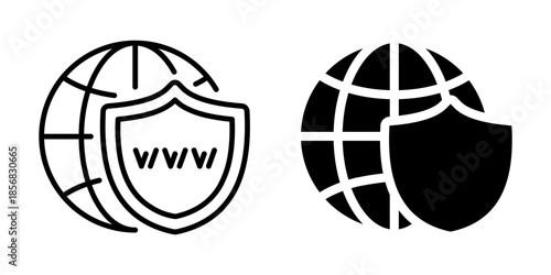 Global network with cybersecurity shield icon. Silhouette and line style.