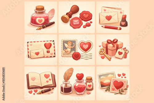 Illustrated Valentine’s Day Stationery Icons with Vintage Ink Bottles and Love Postcards
