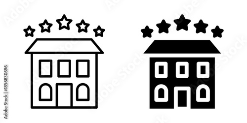 Hotel icon with stars for accommodation and service. Linear and silhouette style.