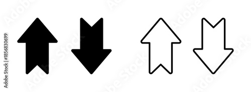 Up and down arrow icon set showing navigation and direction symbols, flat vector illustration with solid and outline styles for user interface, buttons, controls, sorting and movement concept, isolate