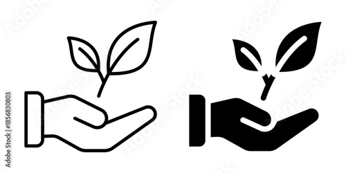 Hand holding growing plant eco icon. Silhouette and line style.