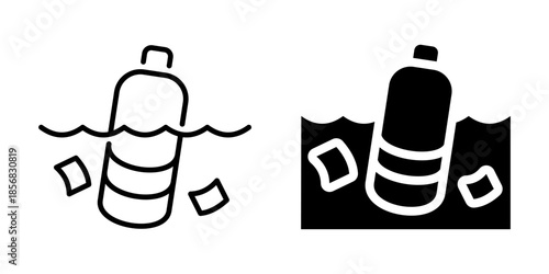 Plastic pollution icon with bottle in water. Silhouette and line style.