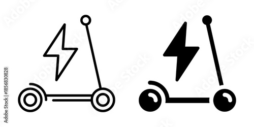 Electric scooter icon with lightning bolt. Silhouette and line style.
