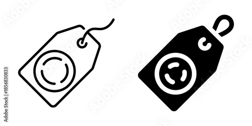 Electric plug tag icon with power symbol. Silhouette and line style.