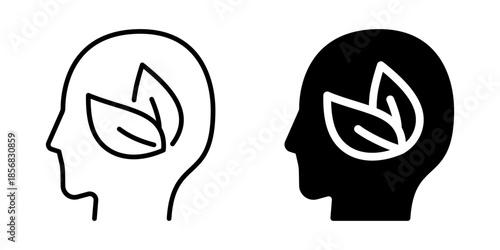 Eco conscious mind icon with leaf in head. Silhouette and line style.