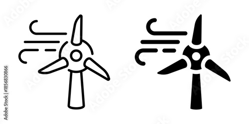 Wind turbine icon with blowing wind symbol. Silhouette and line style.