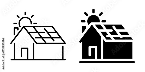 Solar panel on house roof with sun icon. Silhouette and line style.