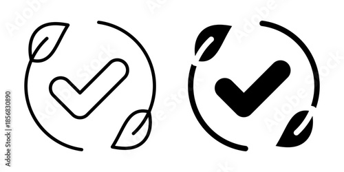 Eco-friendly approved icon with checkmark and leaves. Silhouette and line style.