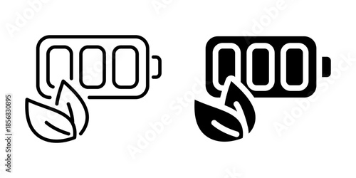Eco battery icon with leaf and charge symbol. Silhouette and line style.