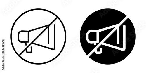 Megaphone with no entry symbolizing restricted communication. Linear and silhouette style.