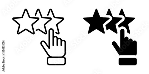 Rating stars icon with finger symbolizing feedback and reviews.Linear and silhouette style.