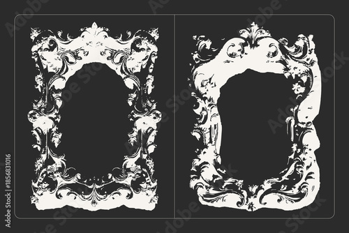 Vector black and white grunge frame in Rococo style texture illustration, perfect for posters, banners, and retro design.