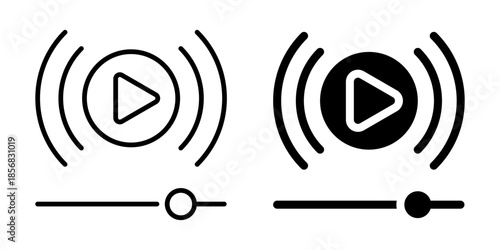 Play button with sound waves symbolizing audio or video streaming. Linear and silhouette style.